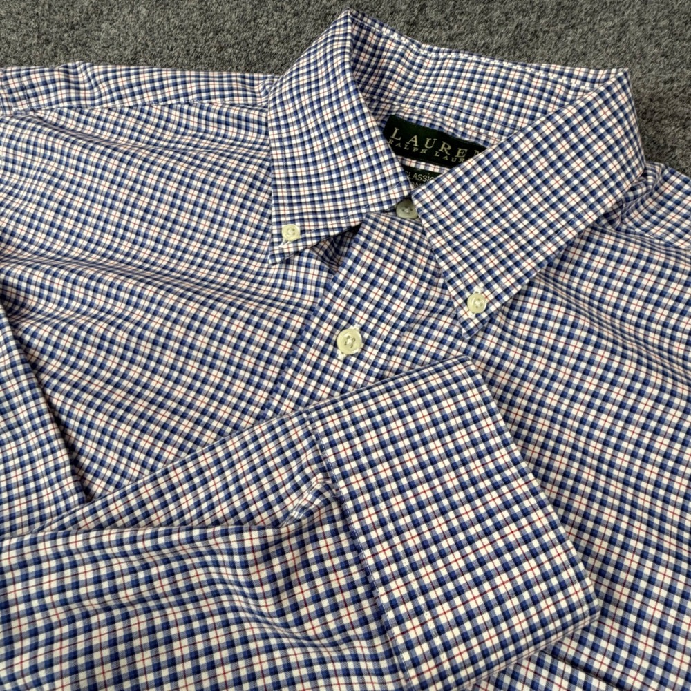 VTG Lauren Ralph Lauren Men 15.5 32/33 Classic Fit Non Iron Check Shirt Blue Red